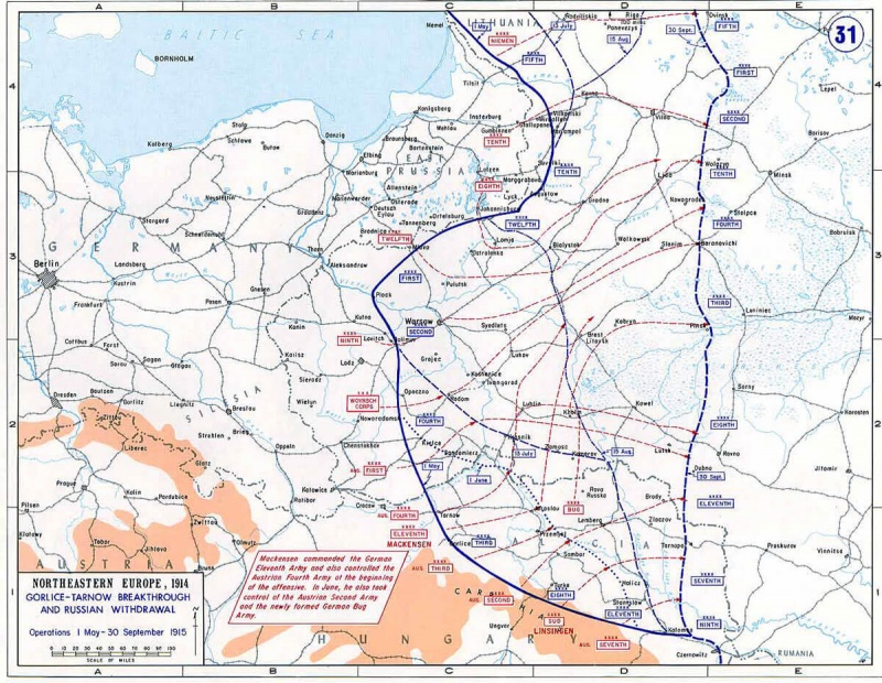 Карта Горлицкого прорыва, 2 мая — 15 июня 1915