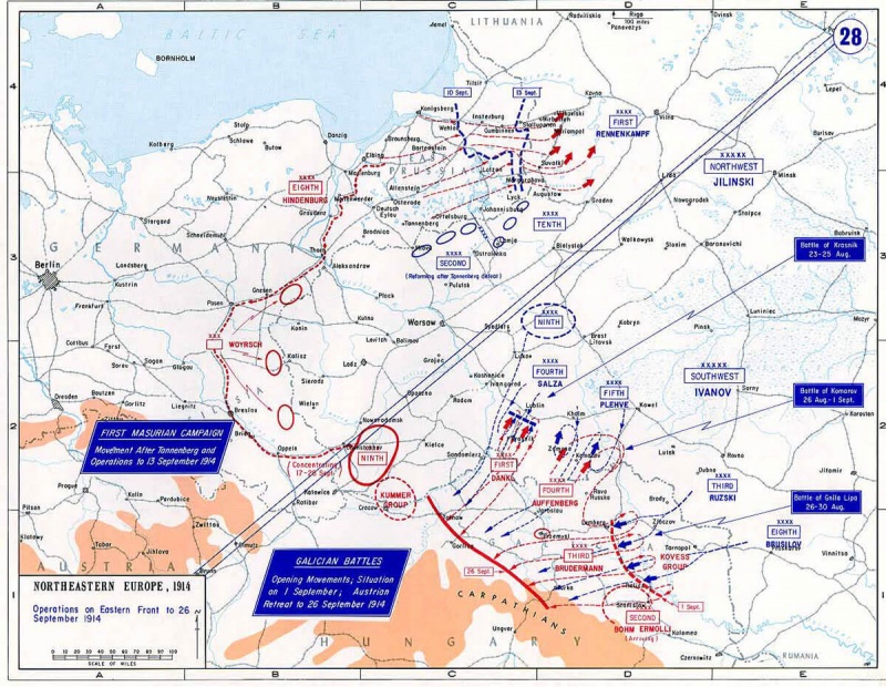 Карта Галицийской битвы, 5 августа — 13 сентября 1914
